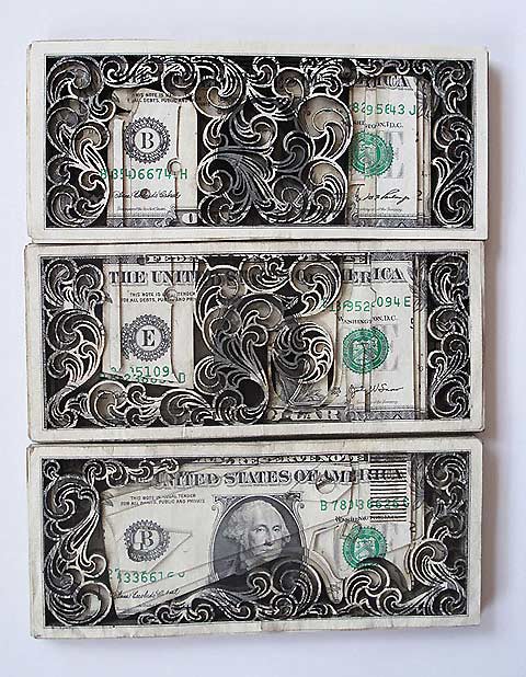 dollar bill artwork. known for his tattoo art,